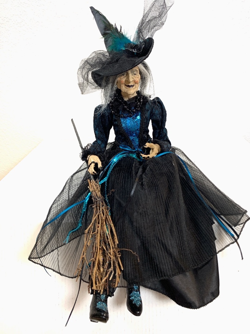 Spooky Old Witch With Broom Doll Shelf Sitter Blue Black Halloween Scary Decor